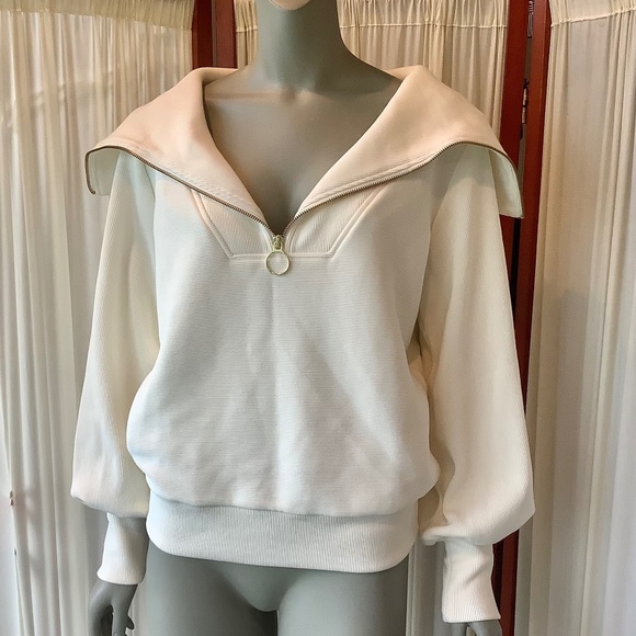 Varley Vine Ribbed Stretch-cotton Half-zip Sweatshirt Ivory Size XS - Picture 1 of 8